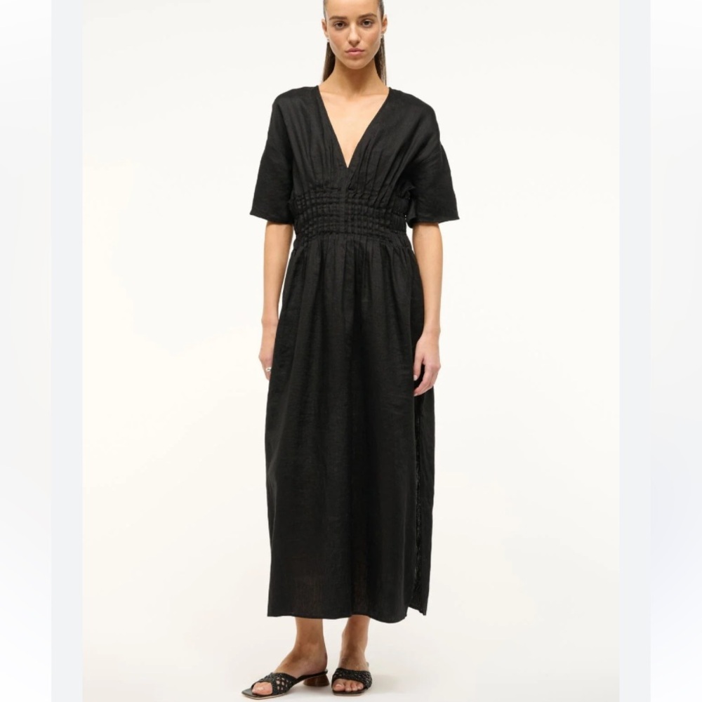 STAUD Black V-Neck Smocked-Waist Maxi Dress